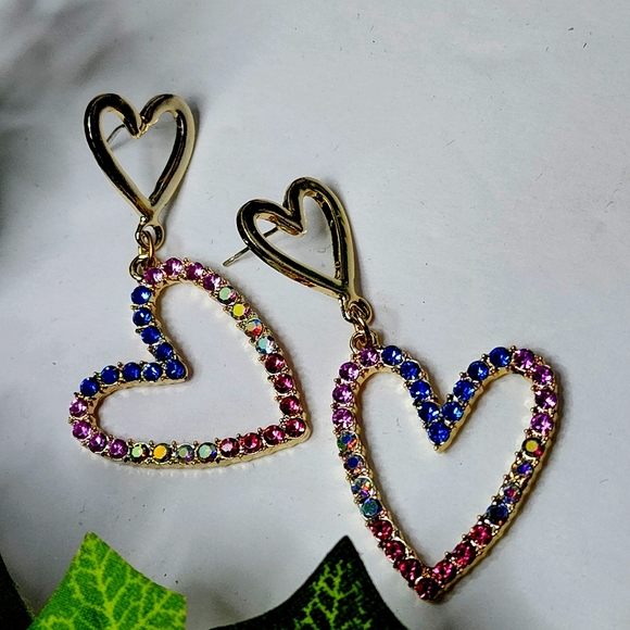 Gold and Multi Color Crystal Heart Drop Earrings - Picture 1 of 6